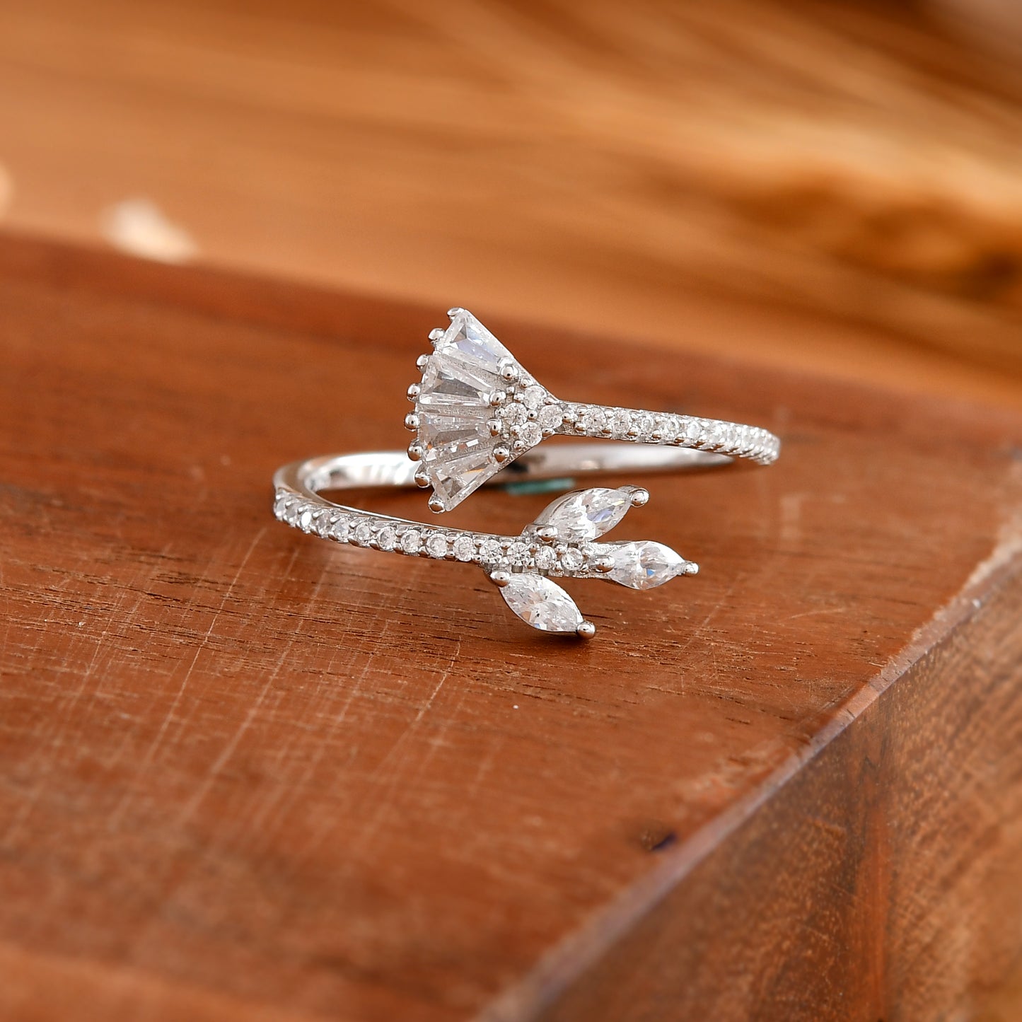 Sterling Silver Leaf & Fan Open Ring with Baguette & Marquise CZ – Adjustable Botanical Statement