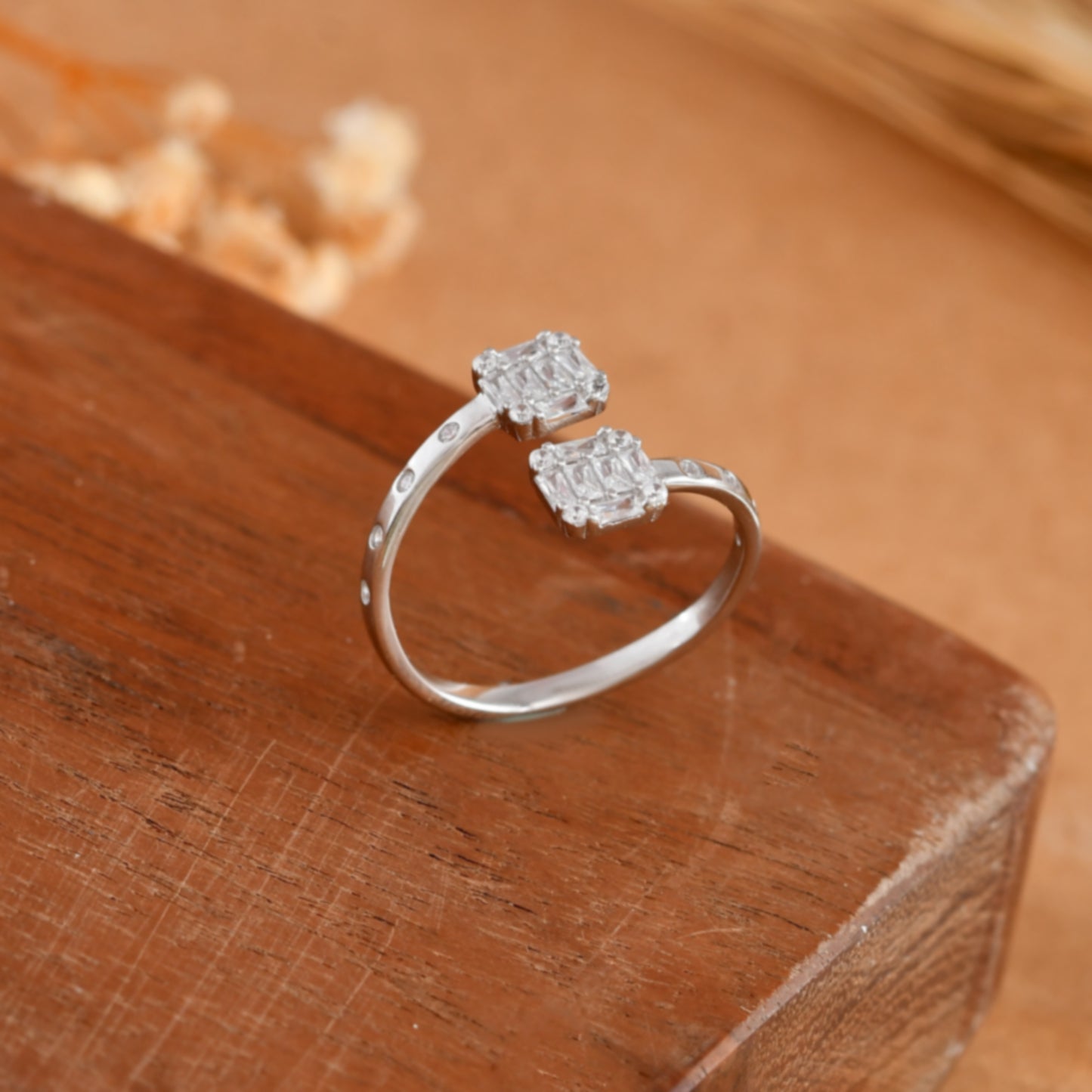 Adjustable Baguette-CZ Double-Head Sterling Silver Open Ring for Women