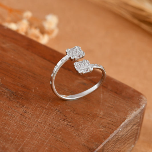 Adjustable Baguette-CZ Double-Head Sterling Silver Open Ring for Women