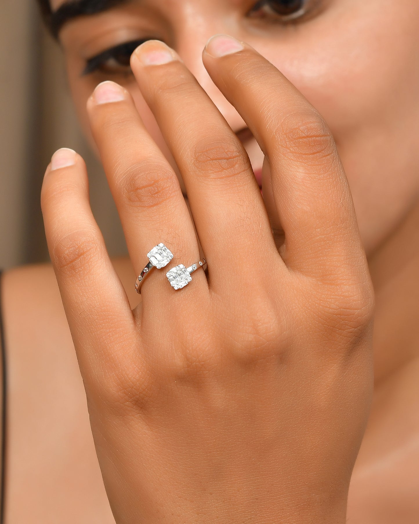 Adjustable Baguette-CZ Double-Head Sterling Silver Open Ring for Women
