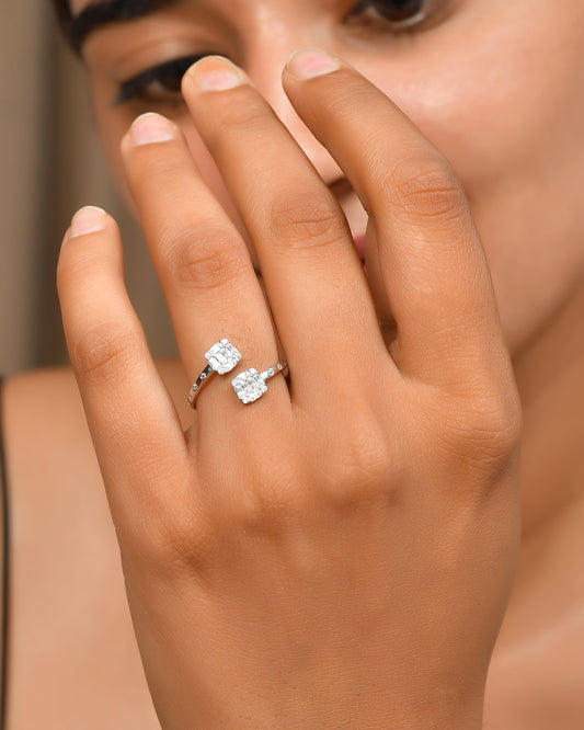Adjustable Baguette-CZ Double-Head Sterling Silver Open Ring for Women