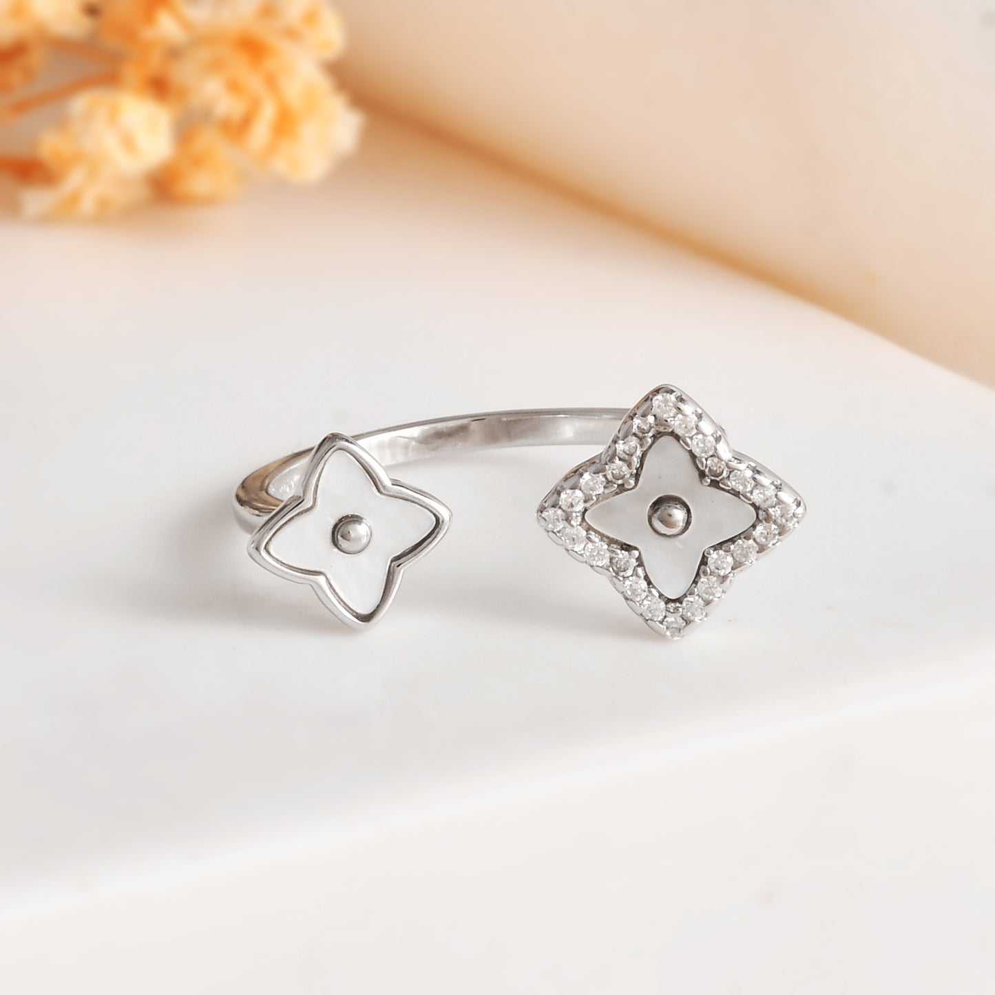 Sterling Silver Quatrefoil Open Ring with White Enamel & Pavé CZ – Adjustable Clover Flower Band