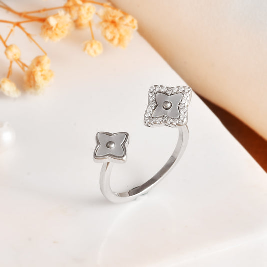 Sterling Silver Quatrefoil Open Ring with White Enamel & Pavé CZ – Adjustable Clover Flower Band
