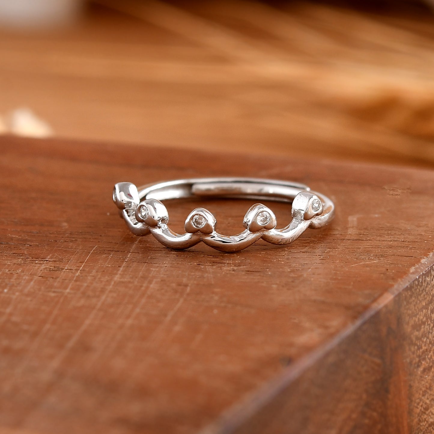 Sterling Silver Bud Crown Ring with Bezel-Set Cubic Zirconia – Minimalist Wave Stackable Band