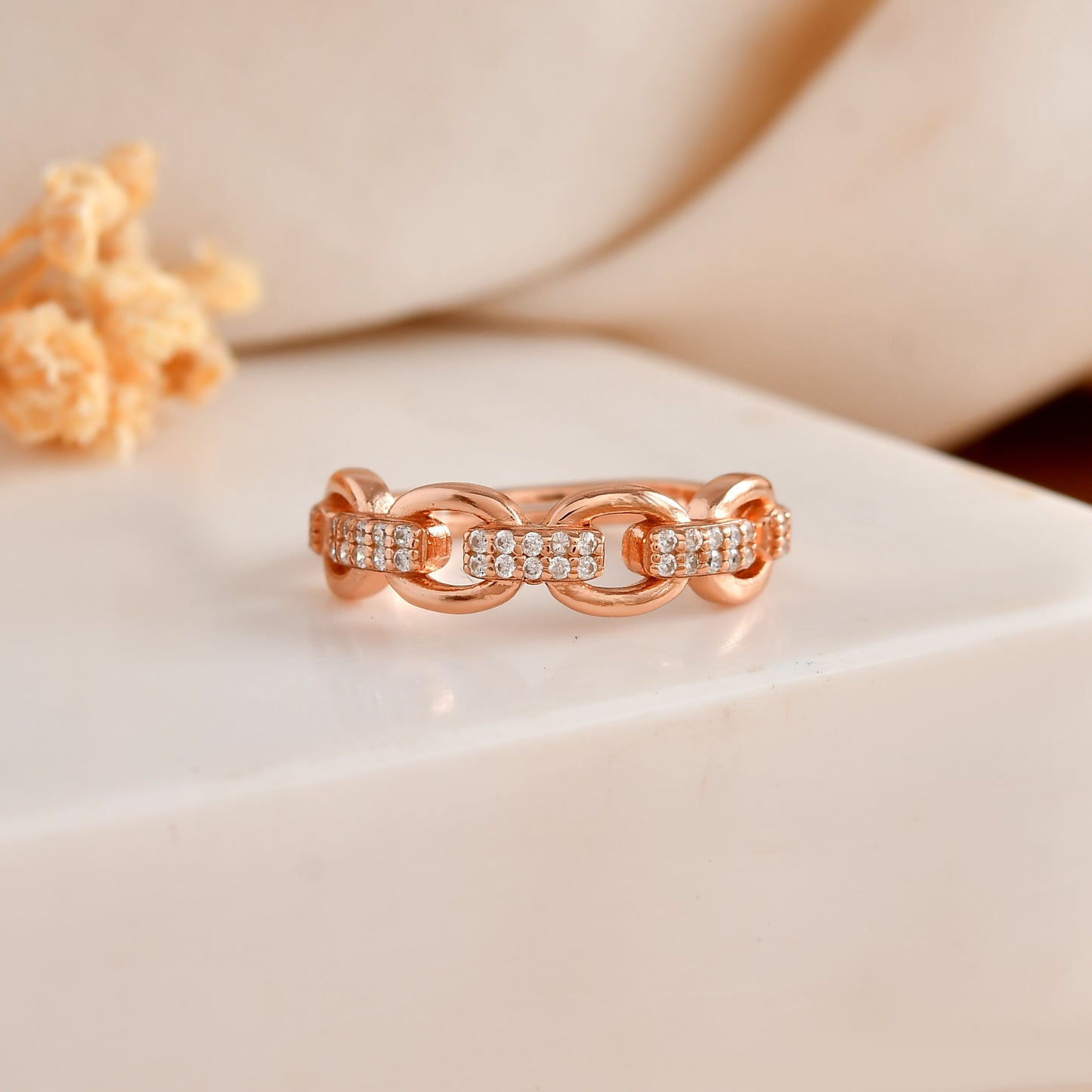 Rose Gold Vermeil Cuban Chain Link Ring with Micro-Pavé CZ – 925 Sterling Silver Statement Band