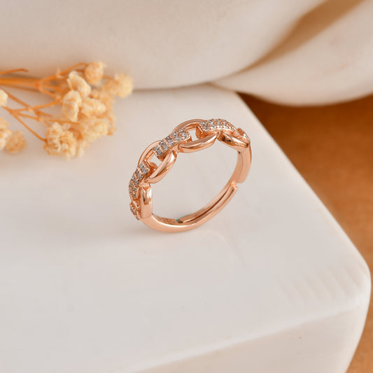 Rose Gold Vermeil Cuban Chain Link Ring with Micro-Pavé CZ – 925 Sterling Silver Statement Band
