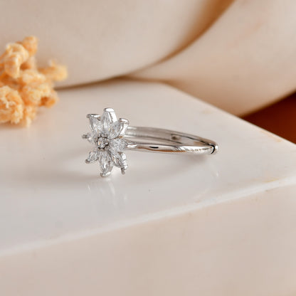Sterling Silver Daisy Flower Ring – Marquise-Cut CZ Cluster Engagement / Promise Band
