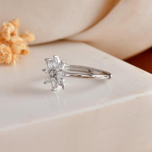Sterling Silver Daisy Flower Ring – Marquise-Cut CZ Cluster Engagement / Promise Band