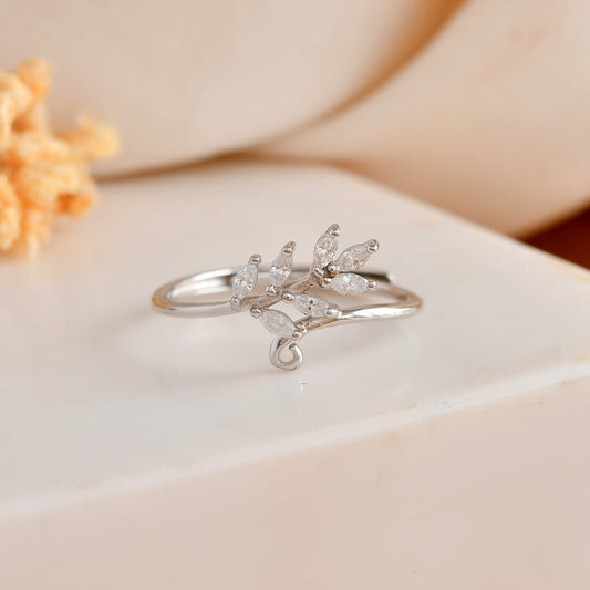 Sterling Silver Leaf Branch Ring with Marquise-Cut CZ – Adjustable Vine Wrap Band