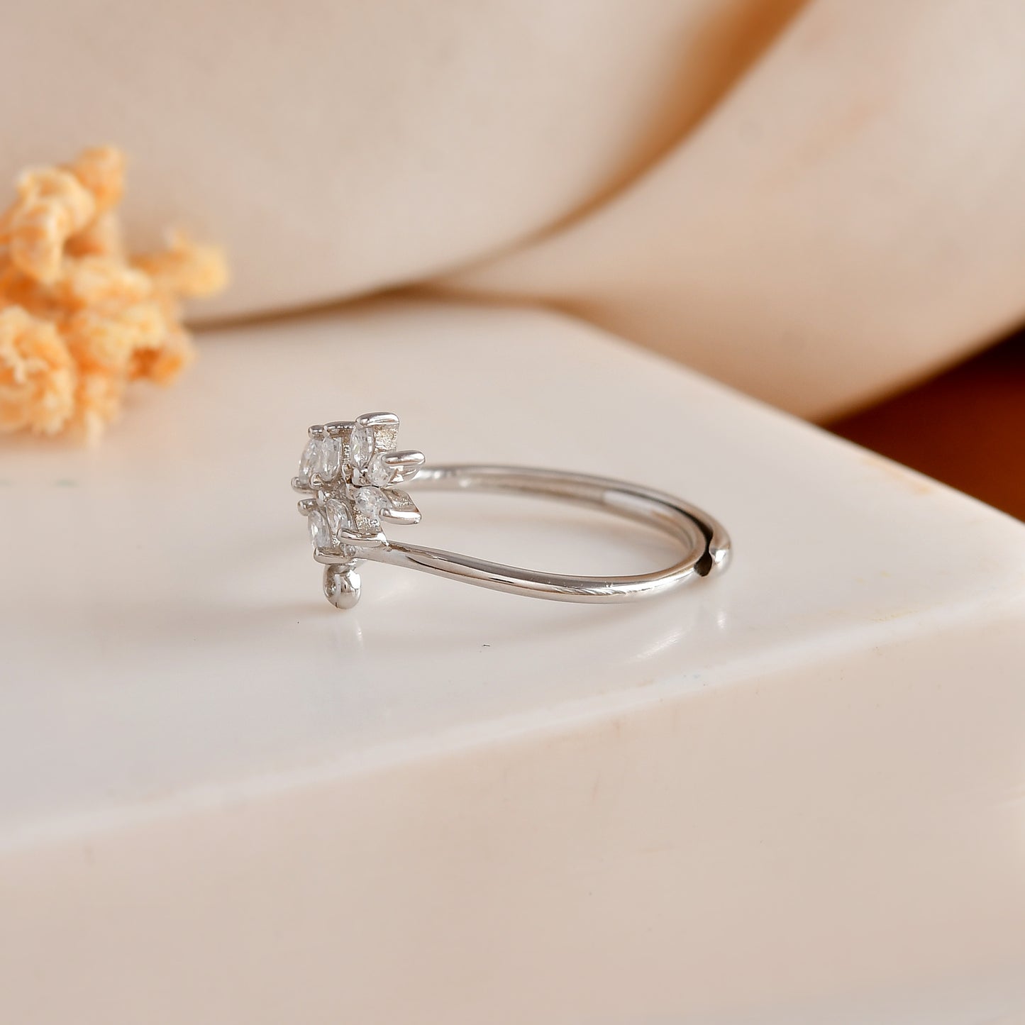 Sterling Silver Leaf Branch Ring with Marquise-Cut CZ – Adjustable Vine Wrap Band