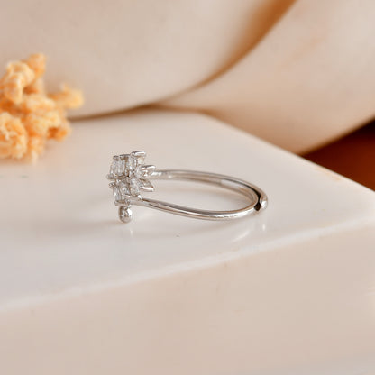 Sterling Silver Leaf Branch Ring with Marquise-Cut CZ – Adjustable Vine Wrap Band