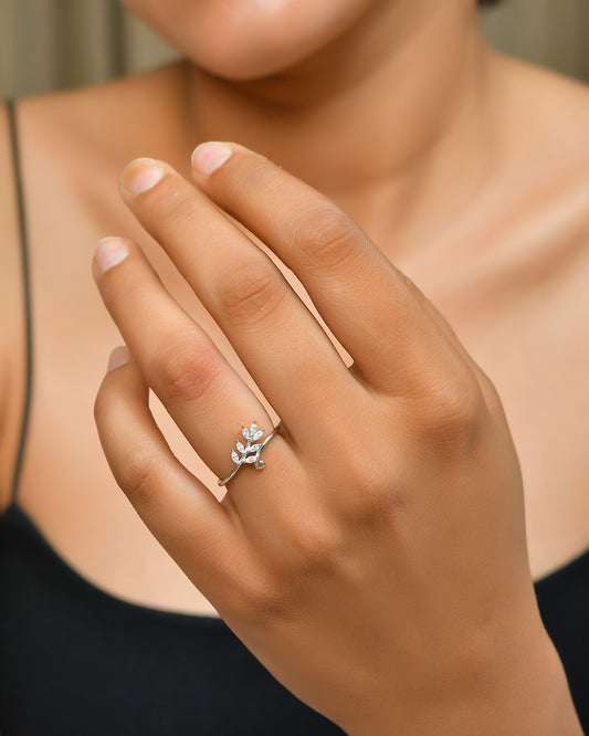 Sterling Silver Leaf Branch Ring with Marquise-Cut CZ – Adjustable Vine Wrap Band