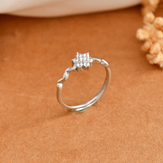Sterling Silver Twisted Vine Ring with CZ Flower Cluster – Delicate Stackable Floral Band