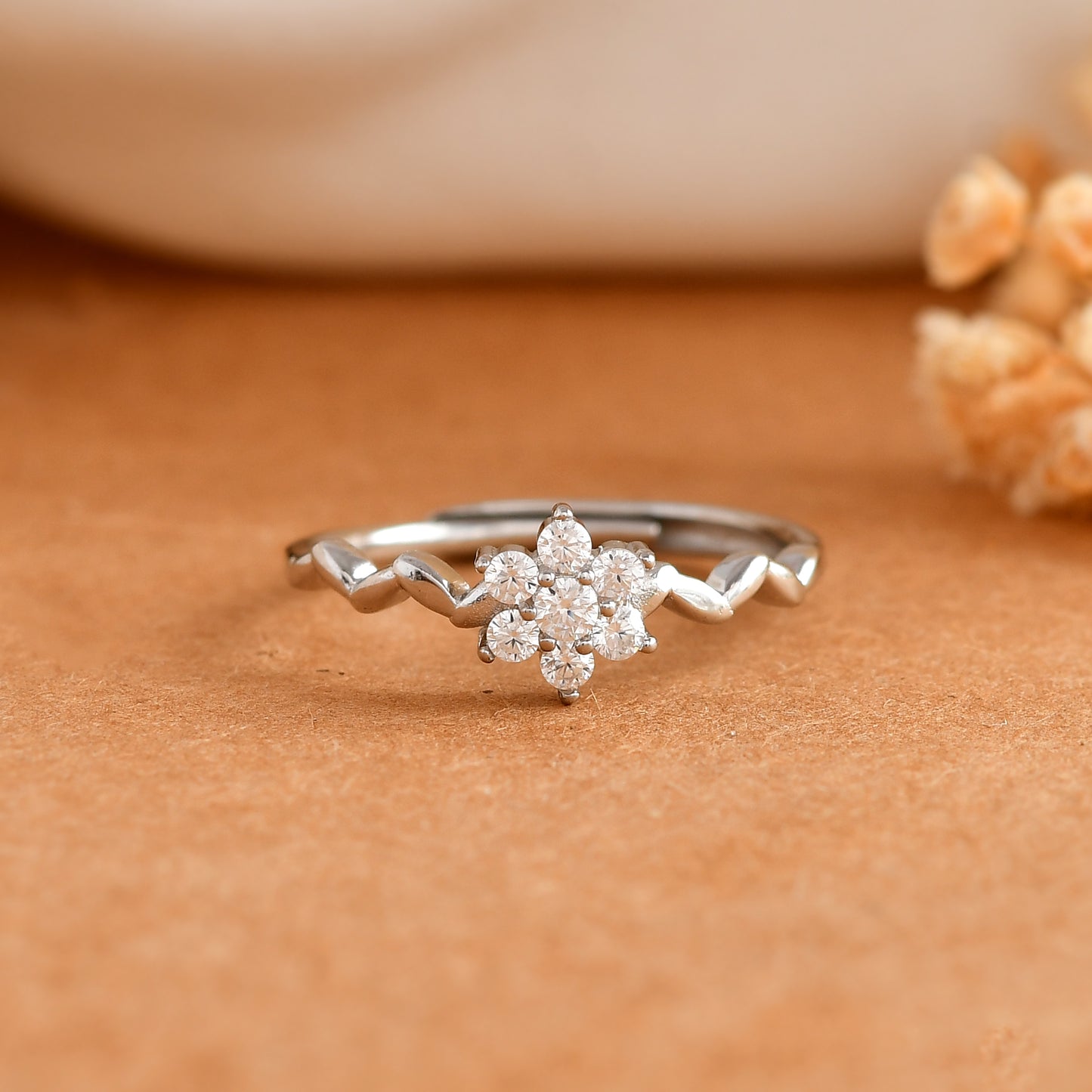 Sterling Silver Twisted Vine Ring with CZ Flower Cluster – Delicate Stackable Floral Band
