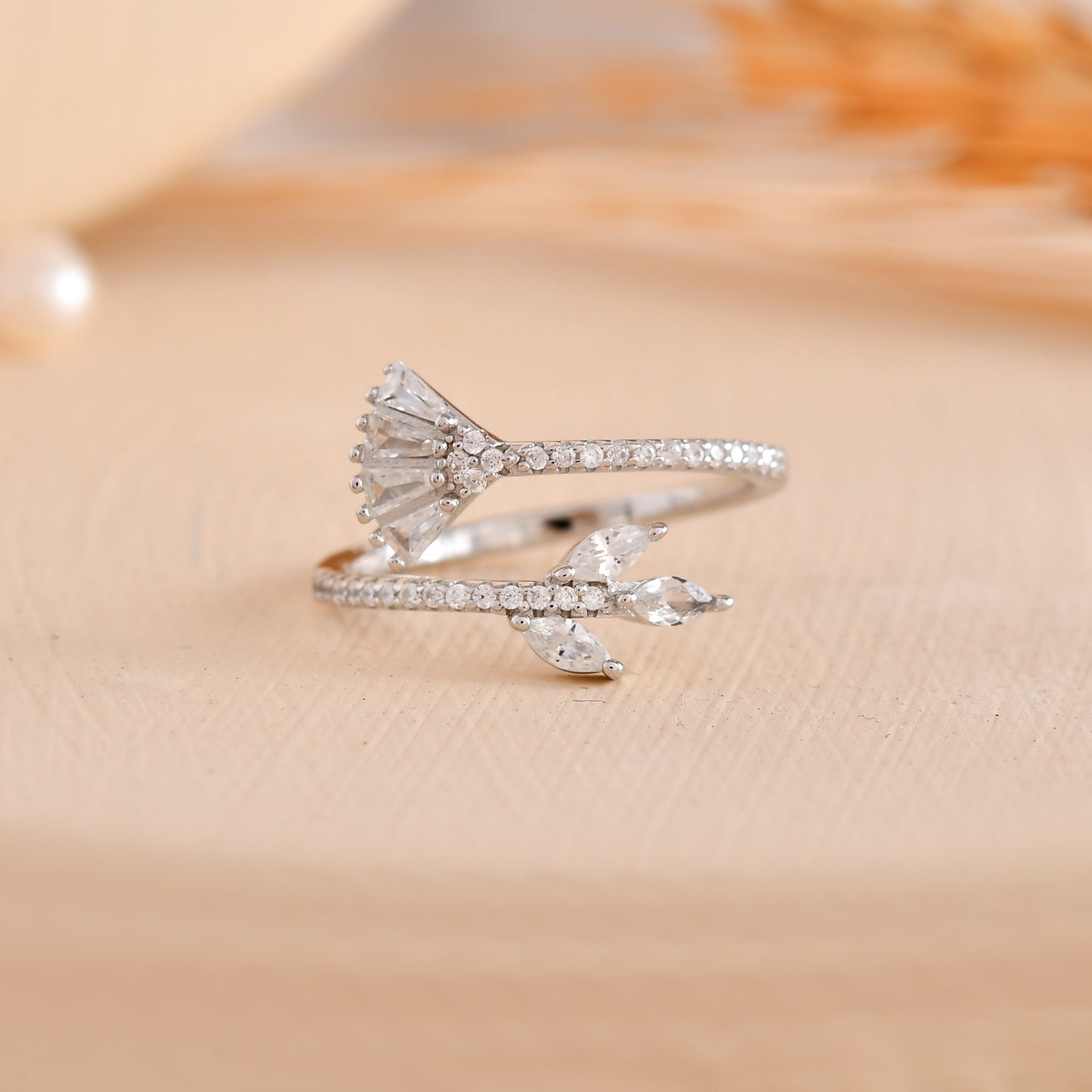 Sterling Silver Leaf & Fan Open Ring with Baguette & Marquise CZ – Adjustable Botanical Statement