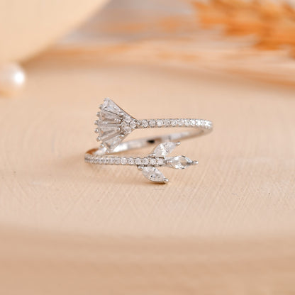 Sterling Silver Leaf & Fan Open Ring with Baguette & Marquise CZ – Adjustable Botanical Statement