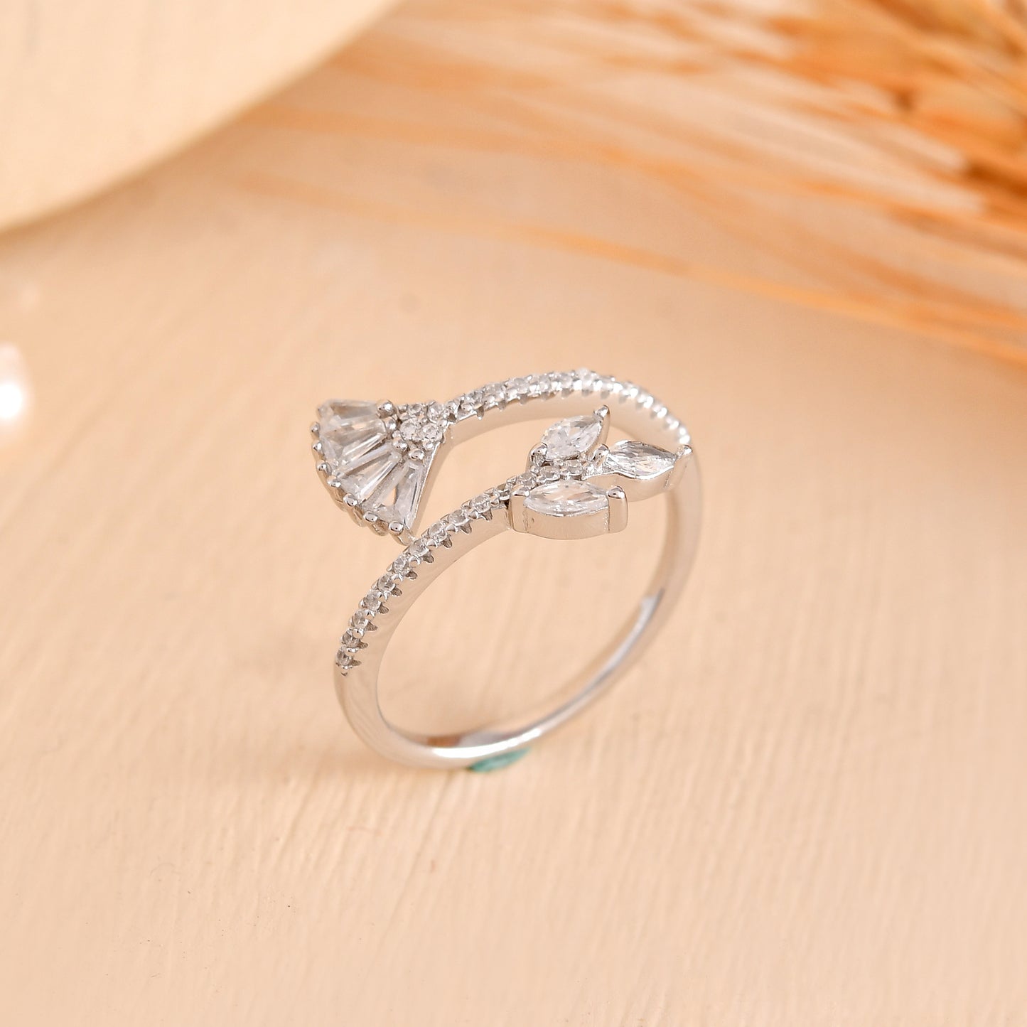 Sterling Silver Leaf & Fan Open Ring with Baguette & Marquise CZ – Adjustable Botanical Statement