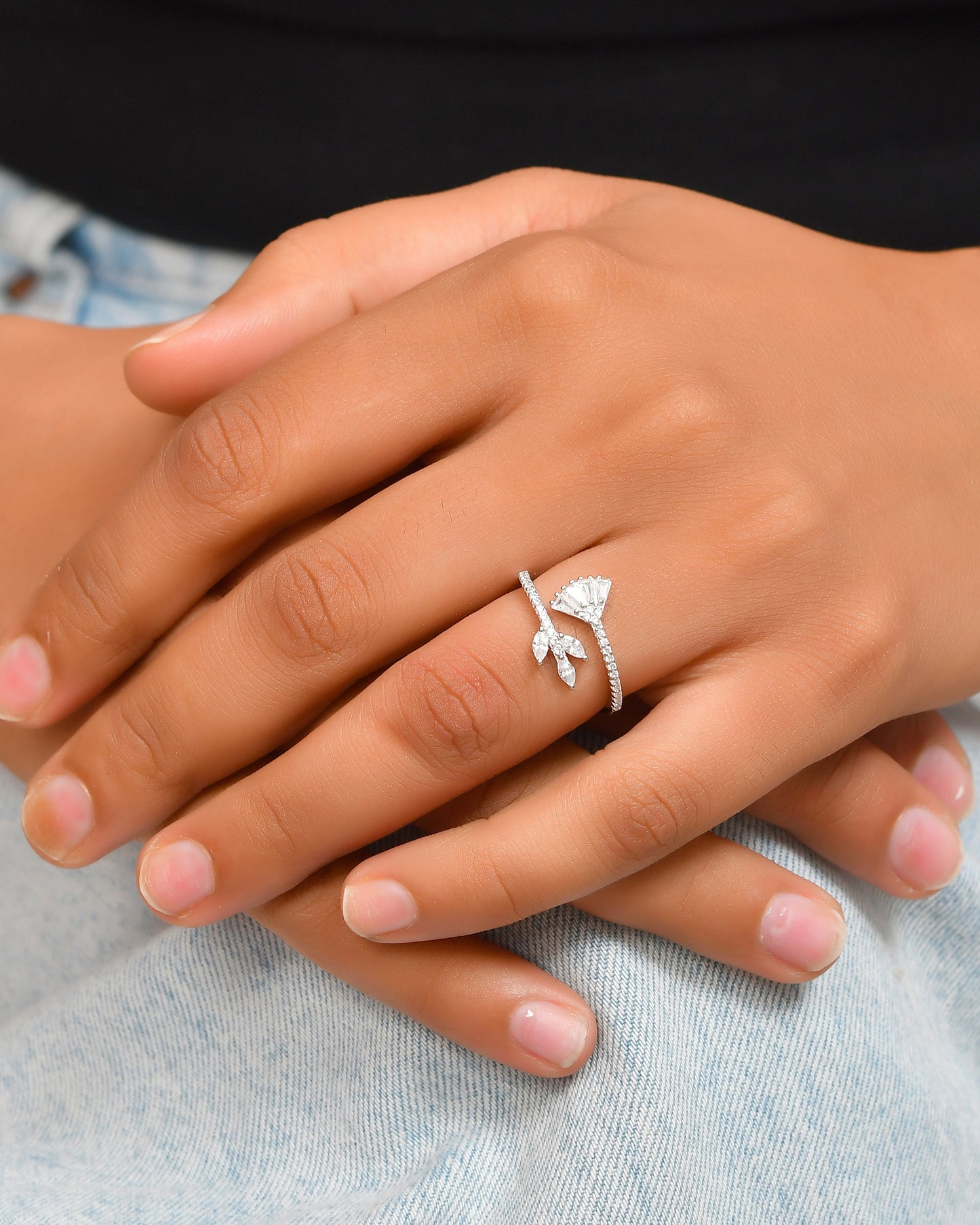 Sterling Silver Leaf & Fan Open Ring with Baguette & Marquise CZ – Adjustable Botanical Statement