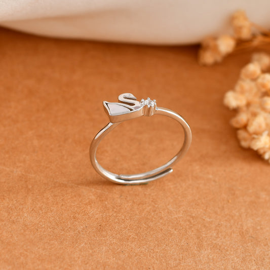 Sterling Silver Swan Ring with White Enamel Wing & CZ Accent – Adjustable Dainty Bird Band