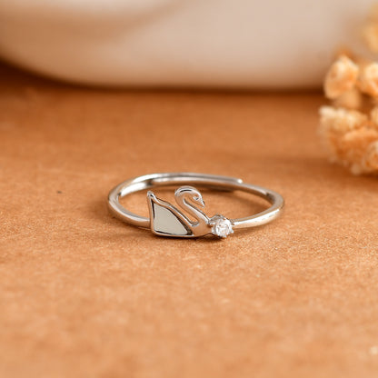 Sterling Silver Swan Ring with White Enamel Wing & CZ Accent – Adjustable Dainty Bird Band