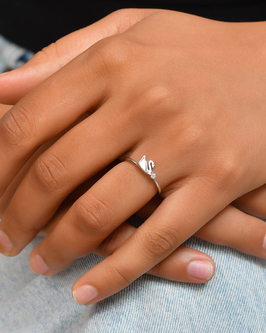 Sterling Silver Swan Ring with White Enamel Wing & CZ Accent – Adjustable Dainty Bird Band