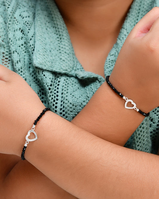 Mom-&-Mini Open-Heart Nazariya Bracelet Set | Sterling Silver & Faceted Black Onyx Beads