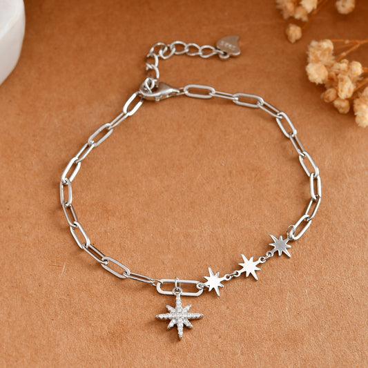 North-Star Paperclip Sterling-Silver Bracelet | CZ Pavé Constellation Charms