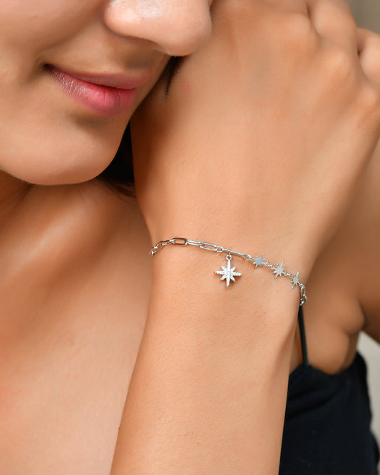 North-Star Paperclip Sterling-Silver Bracelet | CZ Pavé Constellation Charms