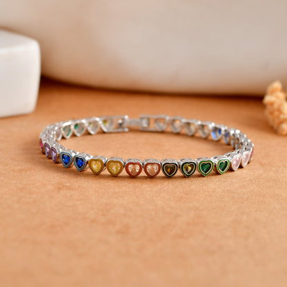 Rainbow-Heart Tennis Sterling-Silver Bracelet | Multicolour Enamel Chain