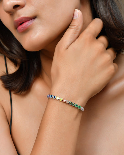 Rainbow-Heart Tennis Sterling-Silver Bracelet | Multicolour Enamel Chain