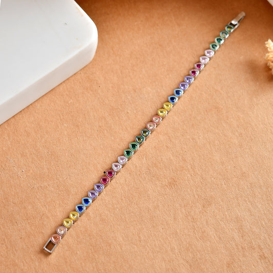 Rainbow-Heart Tennis Sterling-Silver Bracelet | Multicolour Enamel Chain