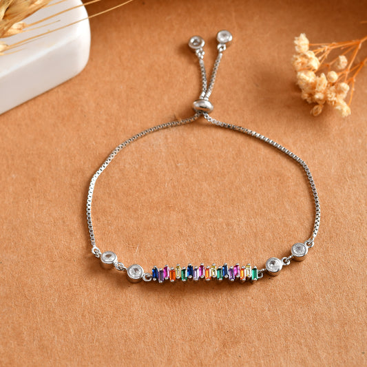 Rainbow-Baguette Bar Sterling-Silver Bolo Bracelet | Adjustable CZ Slider Chain