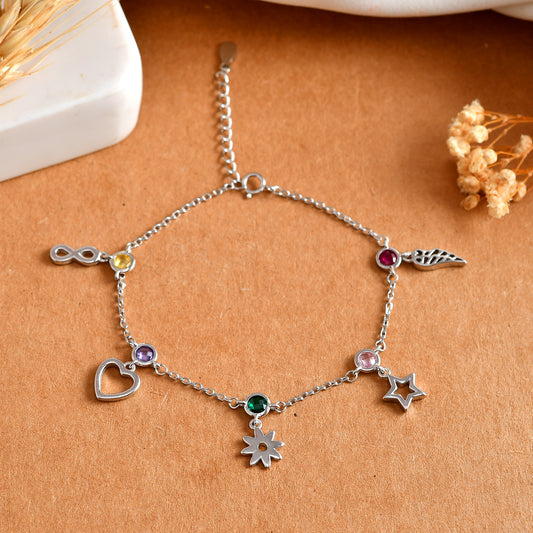 Rainbow-Charm Sterling-Silver Bracelet | Infinity, Heart, Star & Wing with CZ Birthstones