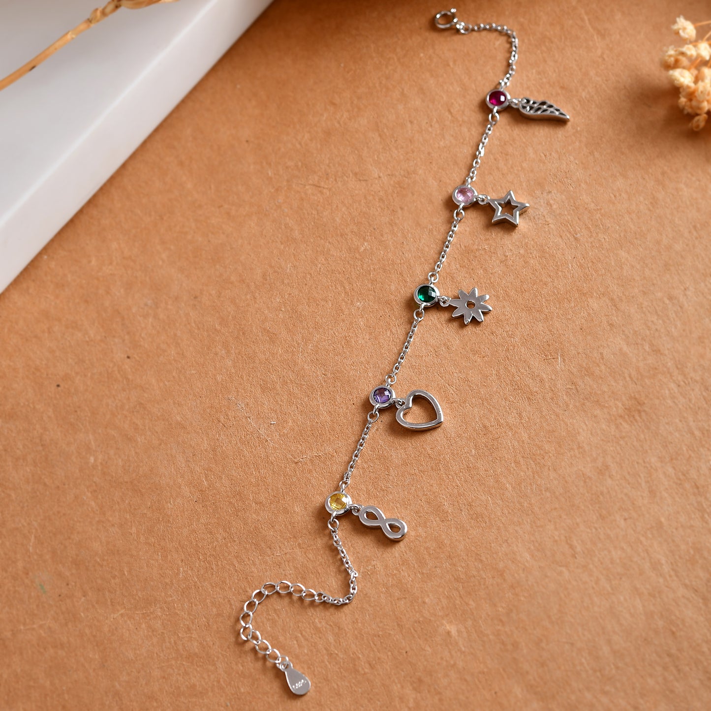 Rainbow-Charm Sterling-Silver Bracelet | Infinity, Heart, Star & Wing with CZ Birthstones