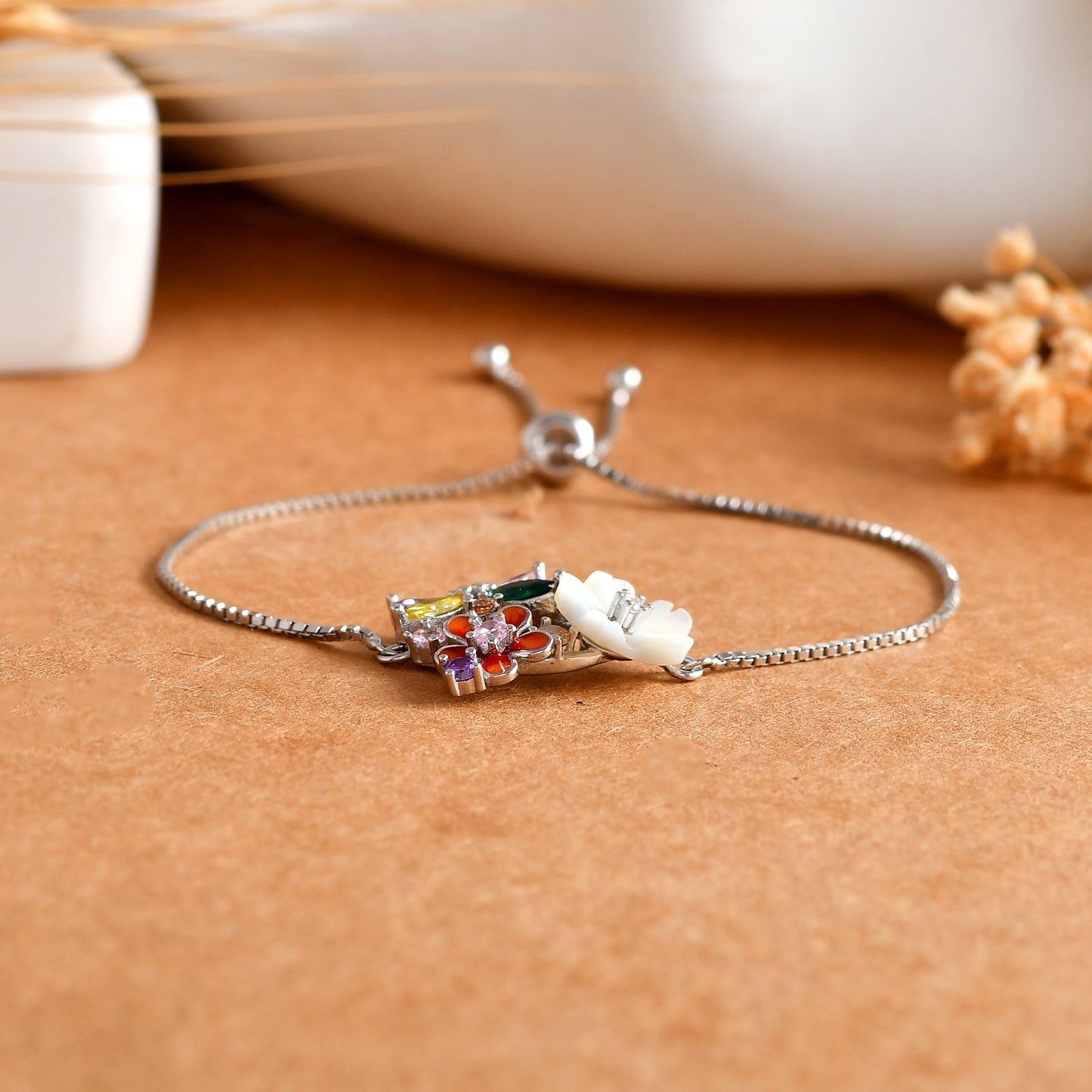 Garden-Blossom Sterling-Silver Bolo Bracelet | Mother-of-Pearl Flower, Bee & Rainbow CZ