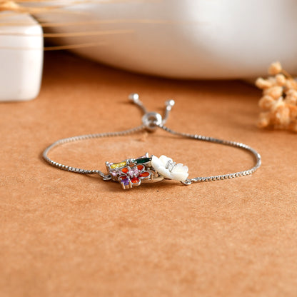 Garden-Blossom Sterling-Silver Bolo Bracelet | Mother-of-Pearl Flower, Bee & Rainbow CZ
