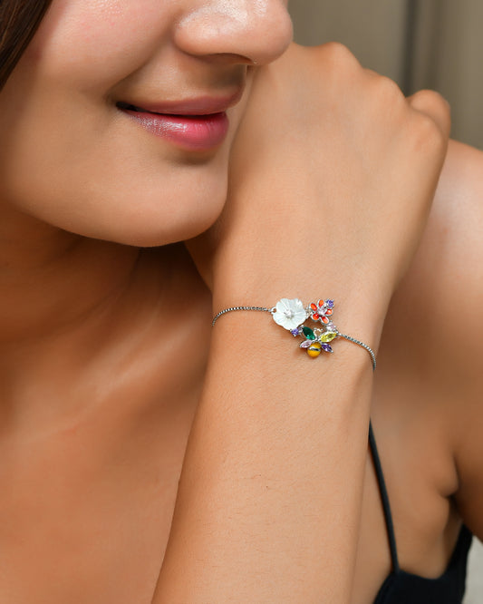 Garden-Blossom Sterling-Silver Bolo Bracelet | Mother-of-Pearl Flower, Bee & Rainbow CZ