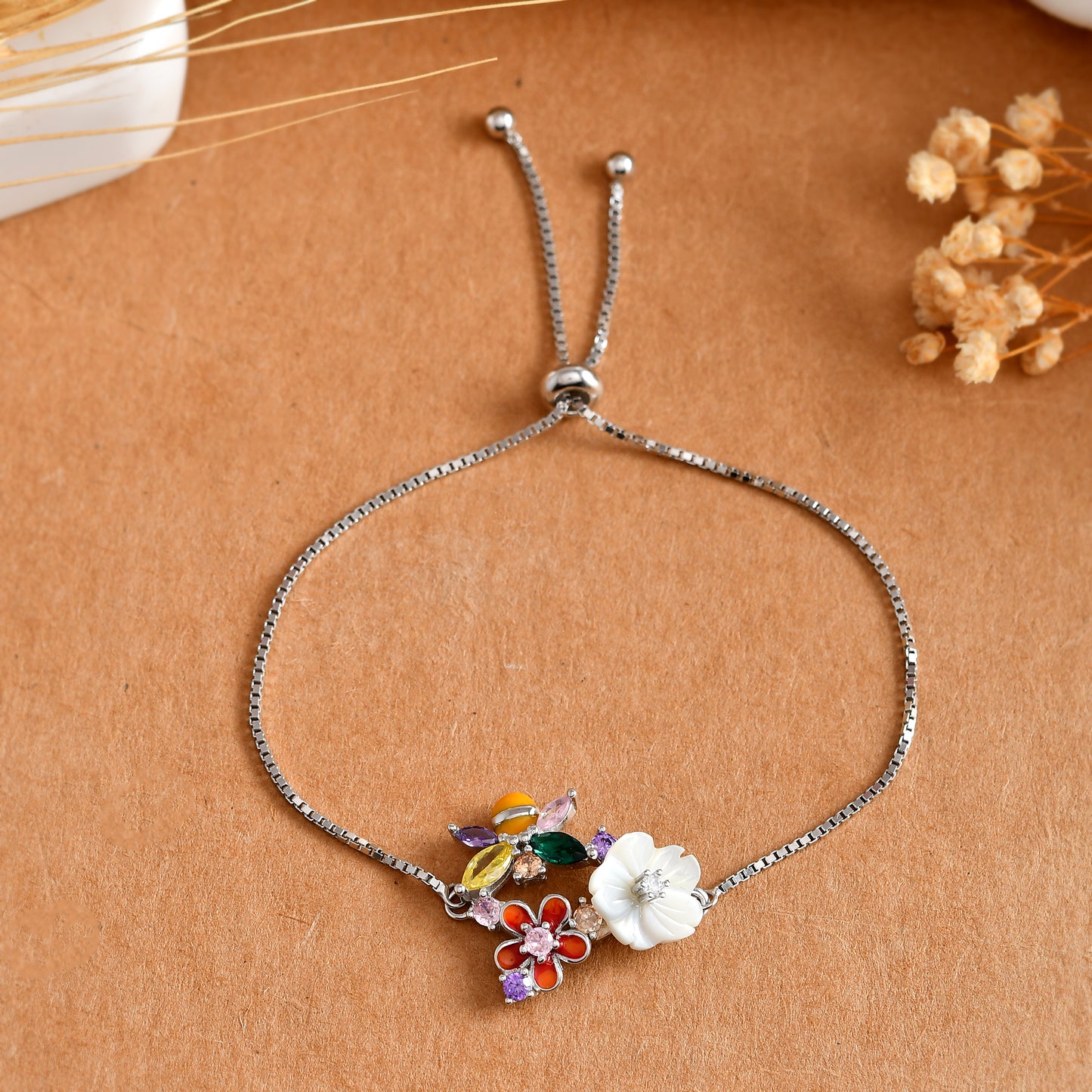 Garden-Blossom Sterling-Silver Bolo Bracelet | Mother-of-Pearl Flower, Bee & Rainbow CZ