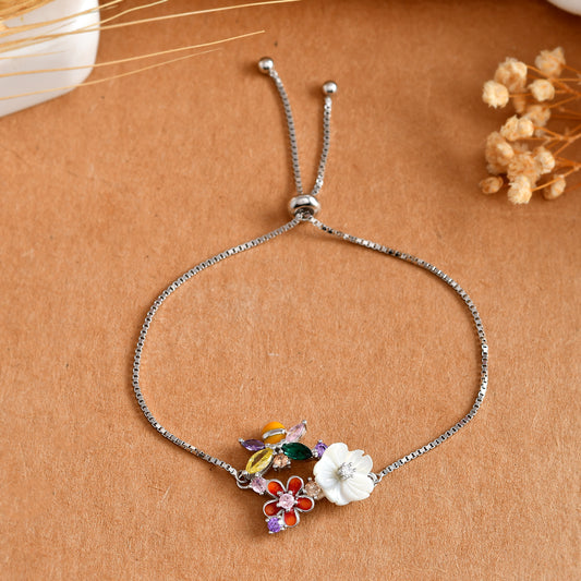 Garden-Blossom Sterling-Silver Bolo Bracelet | Mother-of-Pearl Flower, Bee & Rainbow CZ