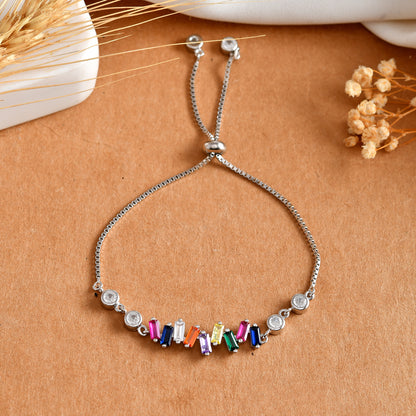 Adjustable Rainbow Baguette CZ Bolo Bracelet in 925 Sterling Silver with Bezel Accents