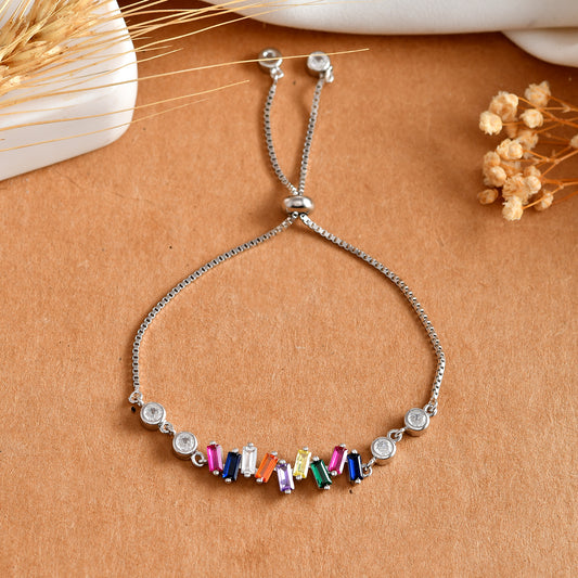 Adjustable Rainbow Baguette CZ Bolo Bracelet in 925 Sterling Silver with Bezel Accents