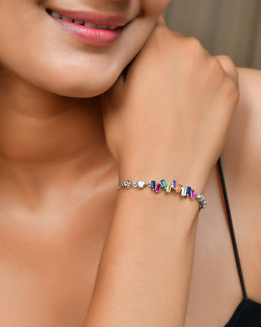 Adjustable Rainbow Baguette CZ Bolo Bracelet in 925 Sterling Silver with Bezel Accents