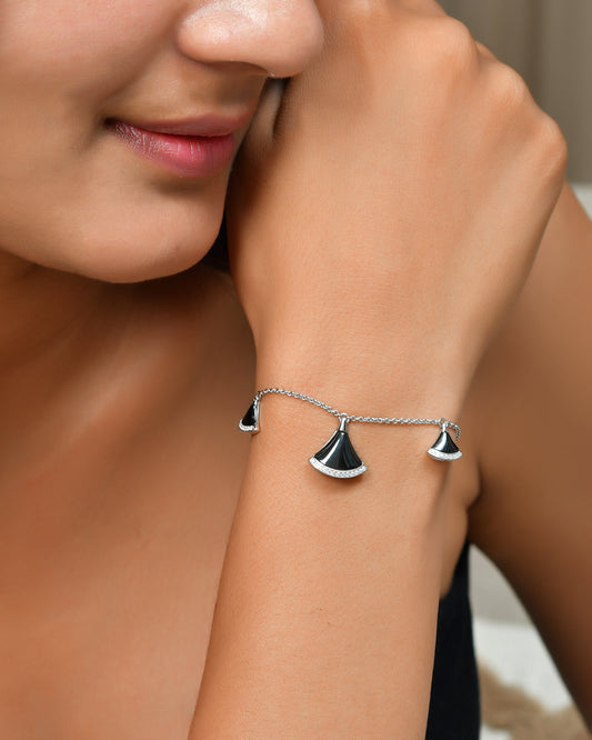 Art-Deco Black Fan Charm Bracelet in 925 Sterling Silver with Pavé CZ Accents