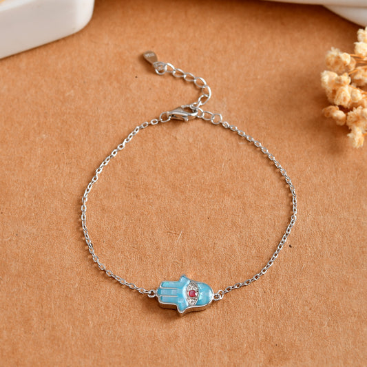 Sterling Silver Turquoise Hamsa Evil-Eye Bracelet – Dainty Protection Charm for Everyday Wear