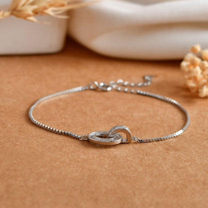 Sterling Silver Interlocking Circle Bracelet – Baguette-Cut CZ Eternity Charm on Dainty Box Chain