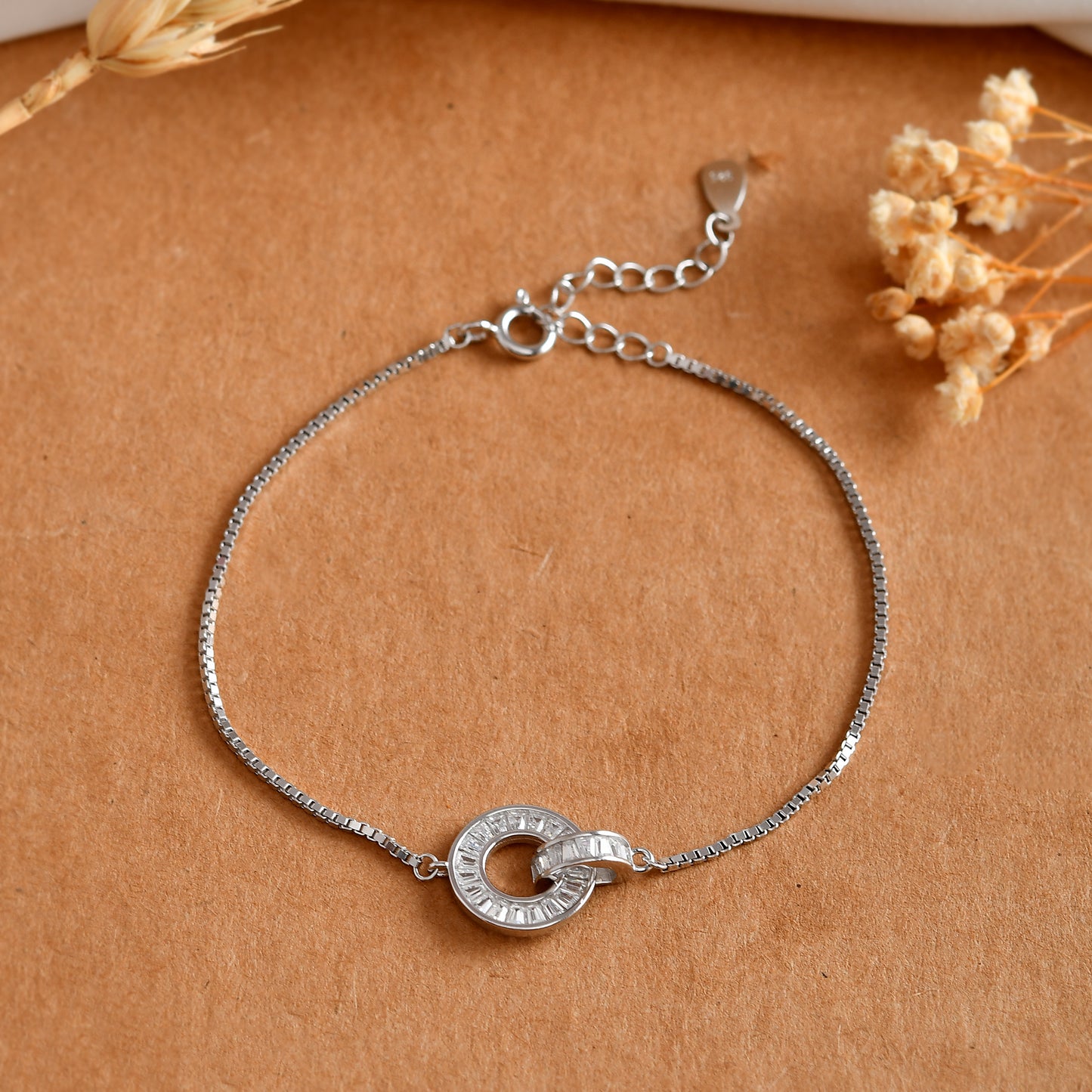 Sterling Silver Interlocking Circle Bracelet – Baguette-Cut CZ Eternity Charm on Dainty Box Chain