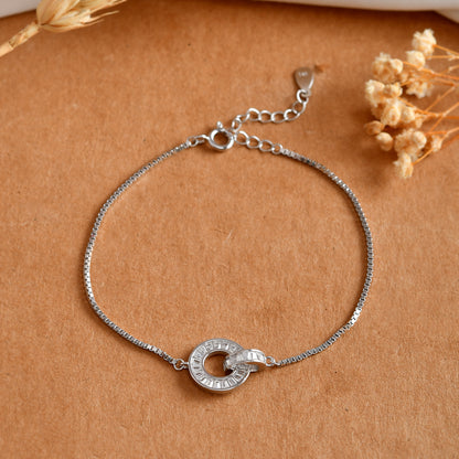 Sterling Silver Interlocking Circle Bracelet – Baguette-Cut CZ Eternity Charm on Dainty Box Chain