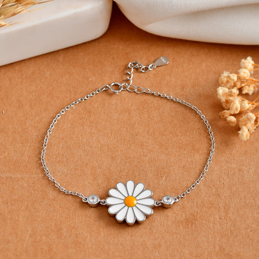Sterling Silver Daisy Flower Bracelet – White Enamel Blossom & Cubic Zirconia Accents