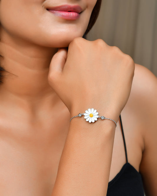 Sterling Silver Daisy Flower Bracelet – White Enamel Blossom & Cubic Zirconia Accents