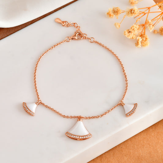 Rose-Gold Fan Charm Bracelet with White Mother-of-Pearl & Cubic Zirconia – Adjustable 925 Sterling Silver